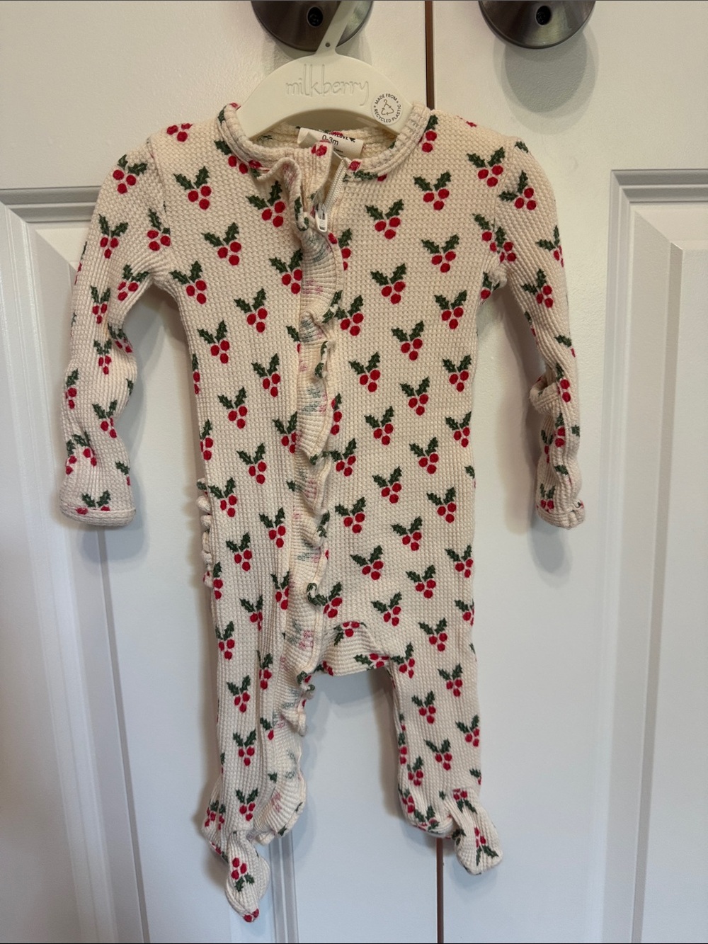 Cream Knit One-Piece with Red Holly Print